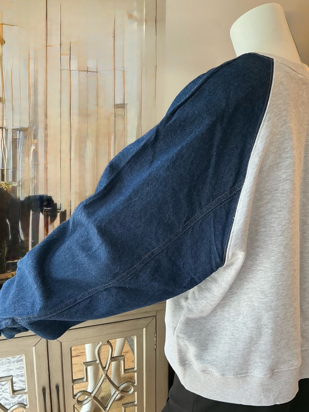 Zara Denim & Gray Oversized Slouchy Sweatshirt Chunky Streetwear Preppy SZ Med - Picture 5 of 13